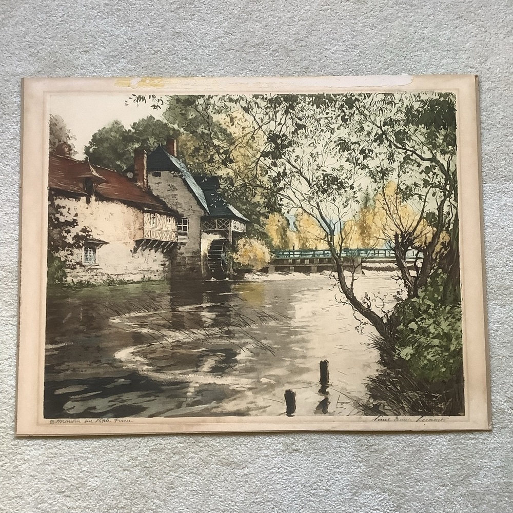 Charming  Vintage Color Etching “ Water Mill in France” by Paul Emile Lecomte